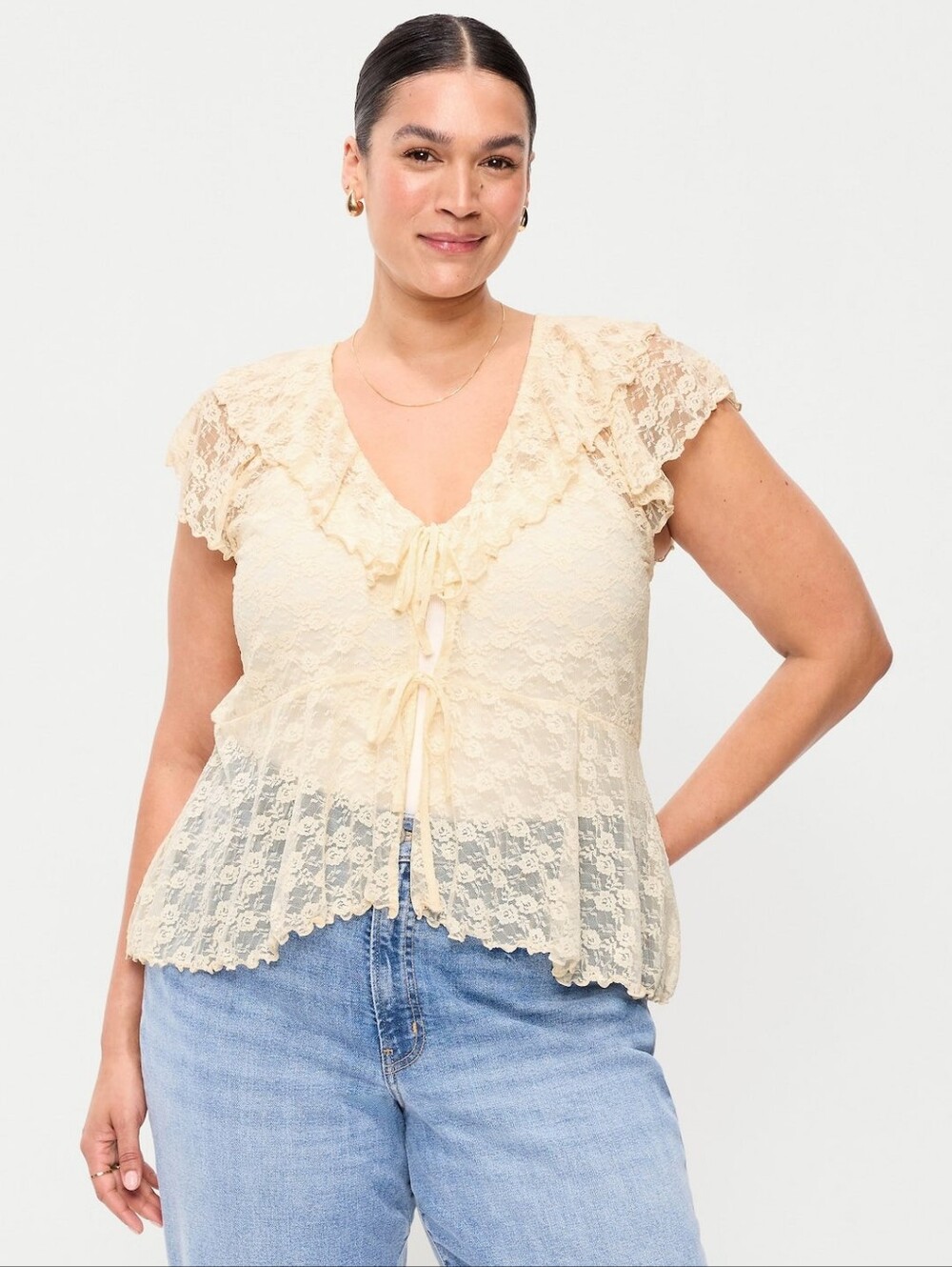 NEW Cream Floral Lace Tie Front Top 4X